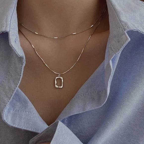 Jewelry - Silver 2 Piece Geo Charm Necklace Set